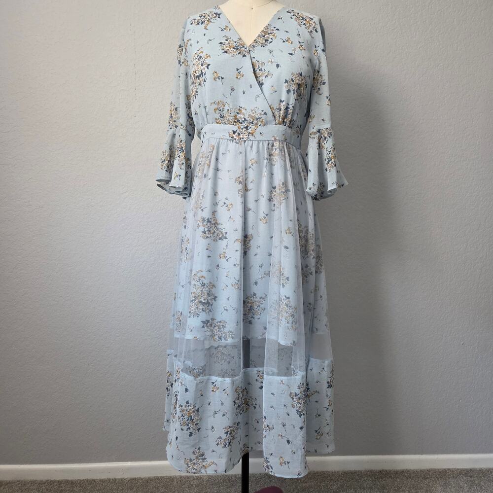 NWOT Light Blue Floral Chiffon Midi Dress with Bell Sleeves